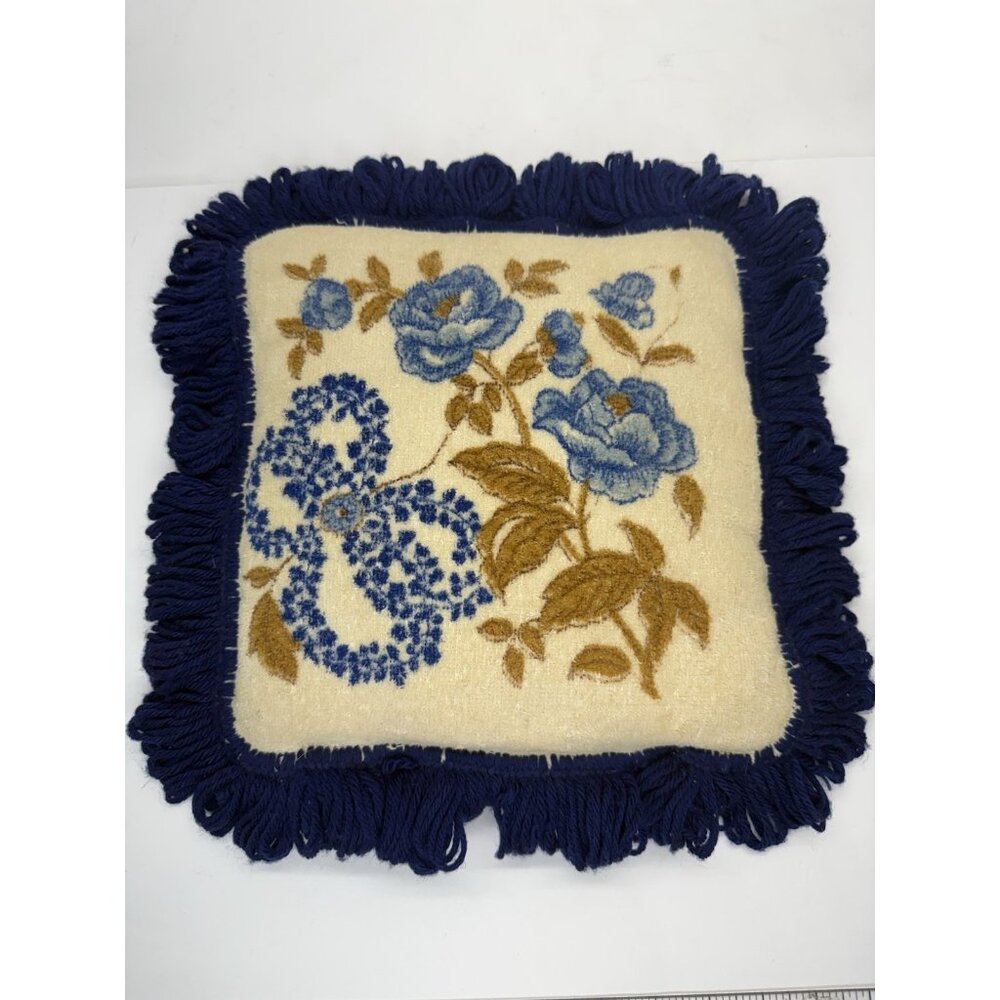 Vintage Velour 13" Artistic Unique Blooming Blue Rose Royal Cottage Decor Pillow